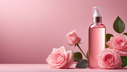 ソフトピンクの背景に、ローズウォーターのスプレーボトルが配置されており、リラックス効果を感じさせるデザインです。華やかさと穏やかさを兼ね備えた心地よいビジュアルです。