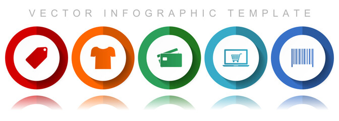 Shop and trade vector icon collection, miscellaneous icons such as ticket, shirt, credit card, laptop and bar code, flat design infographic template in eps 10