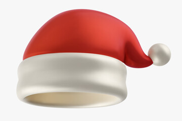 Fototapeta premium Vector 3d cartoon hat of santa claus in realistic minimal style. Festive bright element isolated on white background. Holiday illustration.