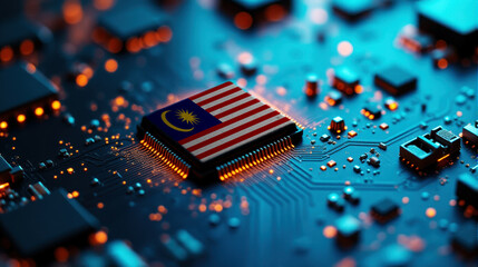 A Malaysia themed chip is placed on a detailed circuit board, with glowing connections that emphasize influence in electronics, computing, and tech innovation.