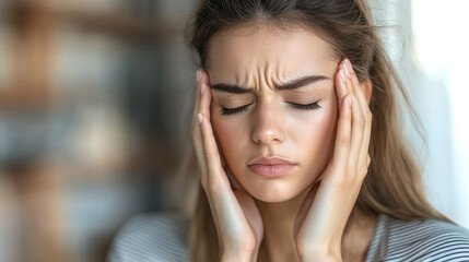 Fototapeta premium A young woman appears distressed as she holds her head in a moment of discomfort, reflecting feelings of anxiety and stress indoors