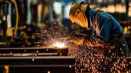 Factory worker welding with protective gear, surrounded by bright sparks in an industrial setting.