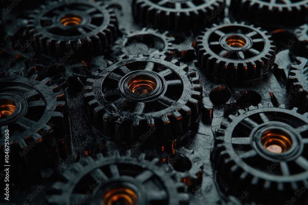 Poster interlocking gears in a dark setting. ideal for representing teamwork, coordination, and industrial 