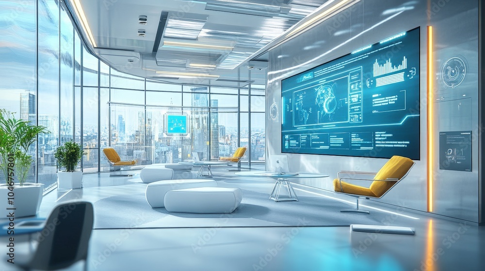 Poster a futuristic office where ai systems assist employees with scheduling, decision-making, and daily ta