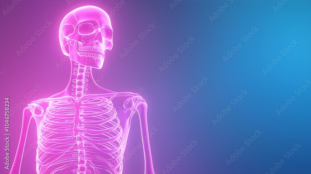Poster translucent skeleton with neon wireframe in deep space - anatomically accurate artistic glow for sci