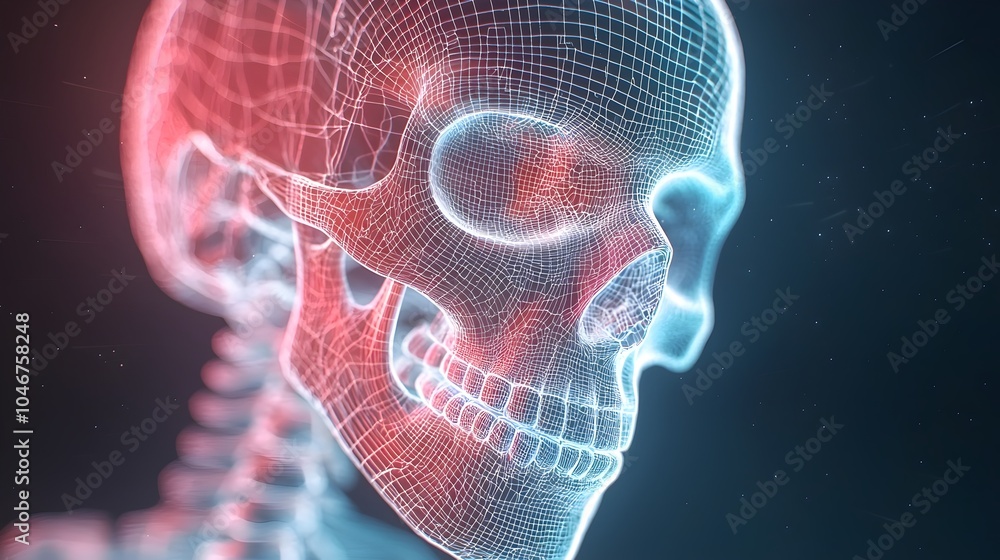 Poster translucent skeleton in neon wireframe - artistic deep space theme with anatomical precision and glo