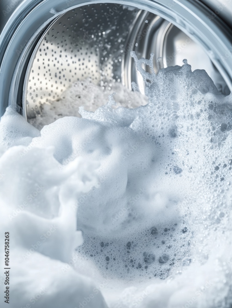 Poster a washing machine drum churns with frothy bubbles and white towels, preparing for an extensive laund
