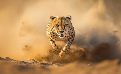 Cheetah running at high speed across a desert, stirring up dust in a dynamic, action-filled shot.