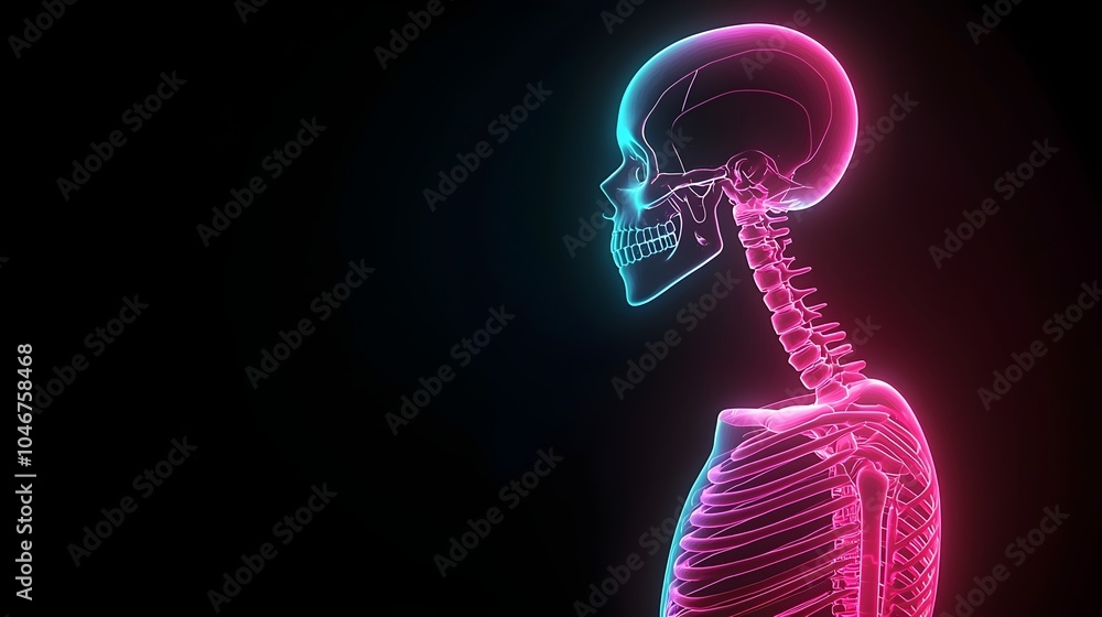 Poster translucent skeleton with neon accents - striking deep shadows and illuminated joints in a sleek mod