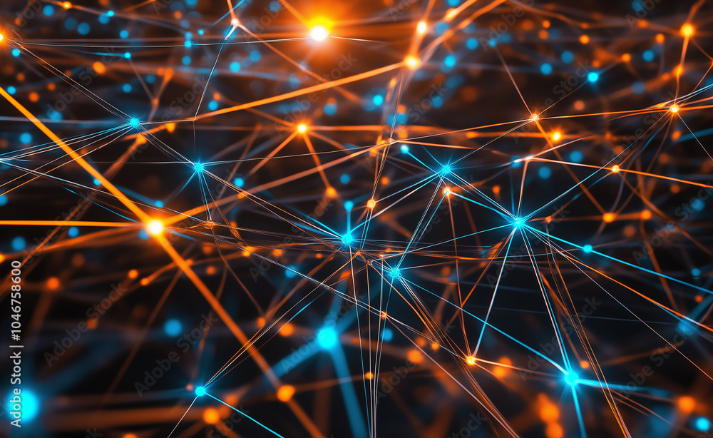 Poster abstract neural network with interconnected glowing blue and orange nodes and pathways.