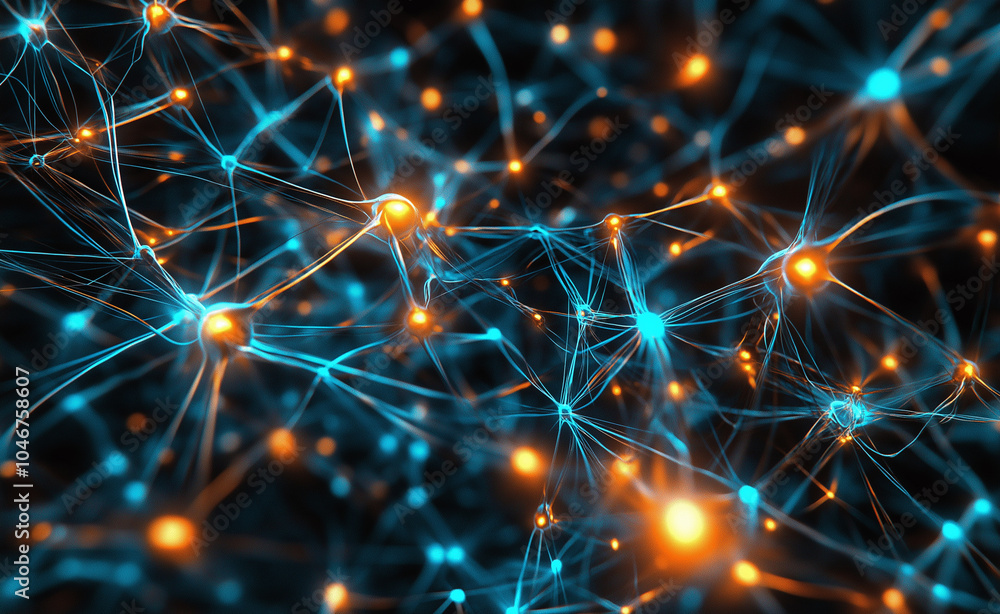 Poster abstract neural network with interconnected glowing blue and orange nodes and pathways.
