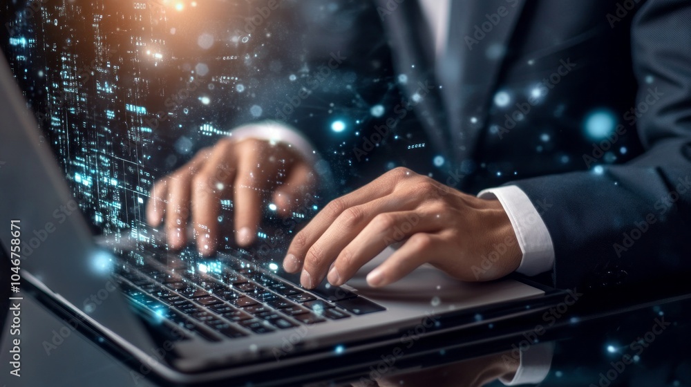 Poster a man is typing on a laptop with a glowing screen behind him