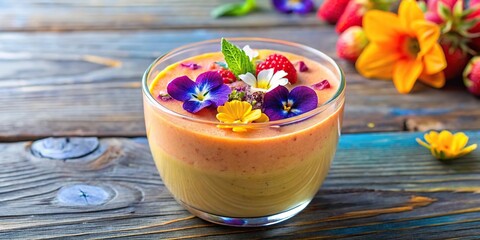 Freshly blended fruit smoothie with a hint of citrus and a touch of sweetness, garnished with edible flowers in a colorful glass bowl, flowers, food, beverage, bowl
