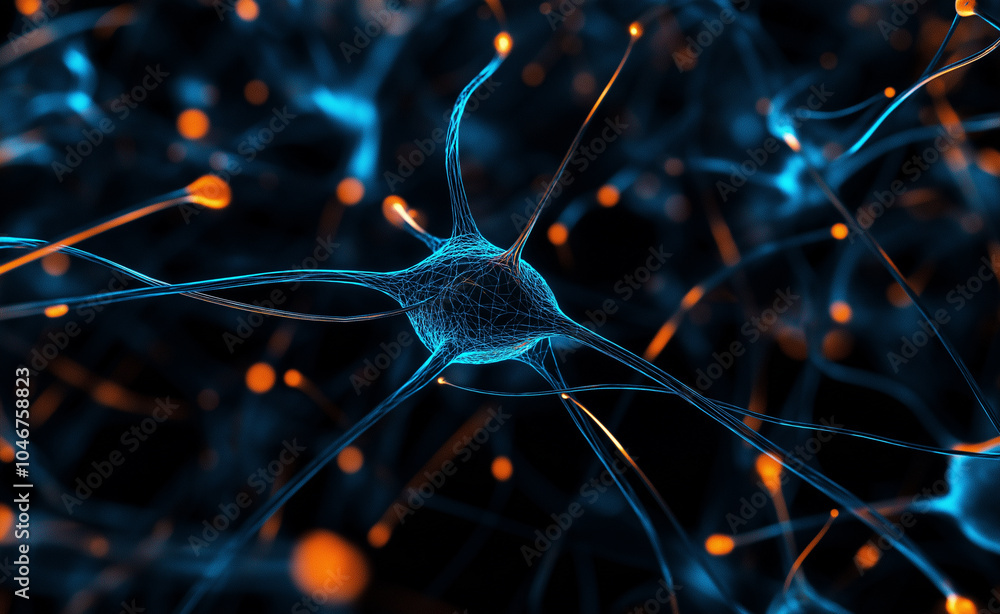 Poster abstract neural network with interconnected glowing blue and orange nodes and pathways.