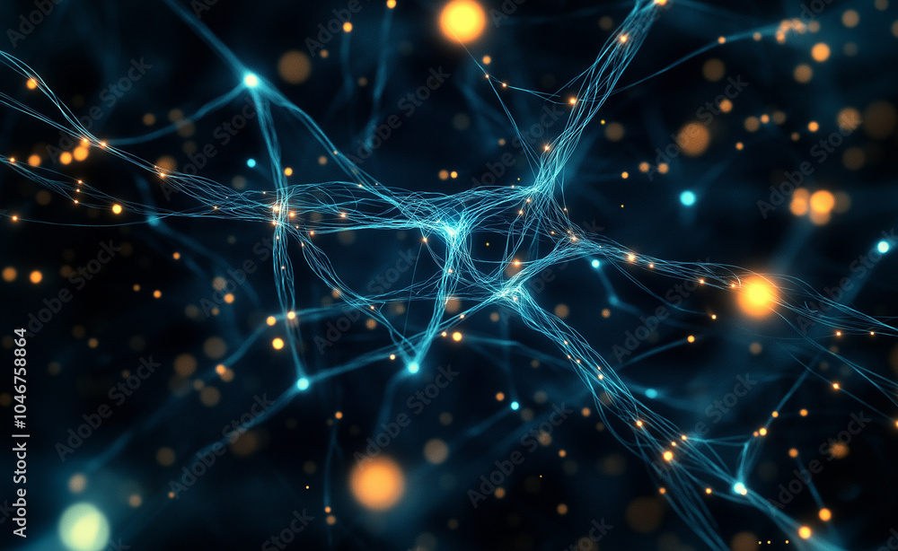 Poster abstract neural network with interconnected glowing blue and orange nodes and pathways.