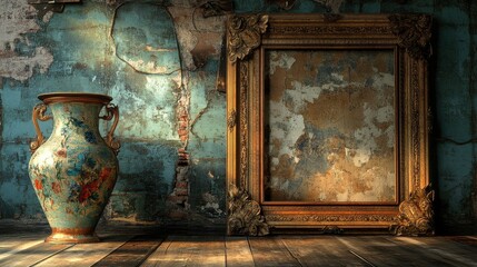 Vintage Vase and Empty Frame in Abandoned Room