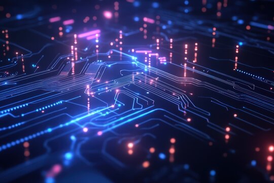 Minimalist circuitry background with fine glowing lines and floating tech nodes