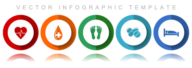 Hospital vector icon collection, miscellaneous icons such as heart pulse, blood donation, footprint, drugs and bed, flat design infographic template in eps 10