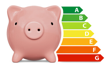 Piggy bank with energy efficiency classes, European Union energy label. Isolated on transparent...