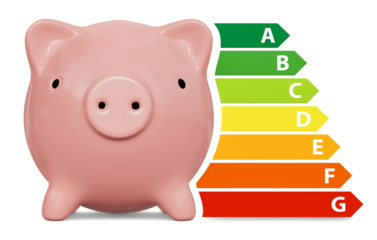 Piggy bank with energy efficiency classes, European Union energy label. Isolated on transparent background