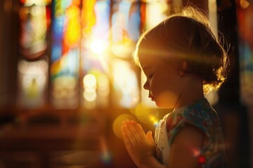 Obraz premium A young child bowing their head in prayer, surrounded by the warm glow of sunlight 