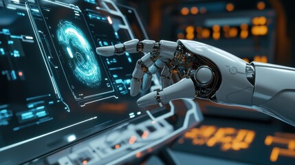 Robotic hand interacting with a holographic interface in a futuristic AI lab