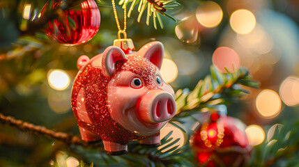 Piggy bank Christmas decoration hanging on a Christmas tree branch. Seasonal savings and costs