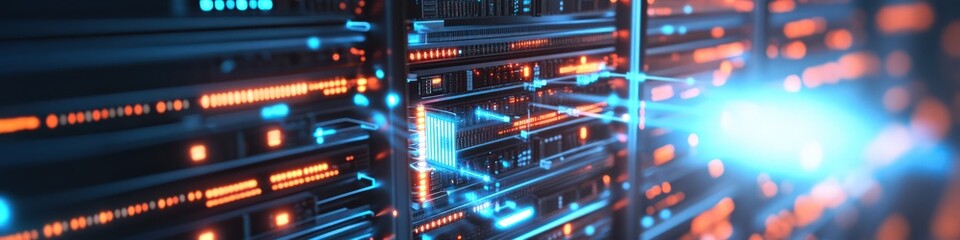 Information technology concept with digital servers and data transfer
