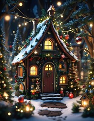 Fototapeta premium Fairy house full of Christmas decoration at night Background 