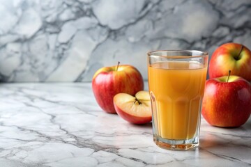 Fototapeta premium Glass of freshly squeezed apple juice on a marble countertop, juice, glass