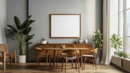 Cozy dining room with a blank canvas on the sideboard