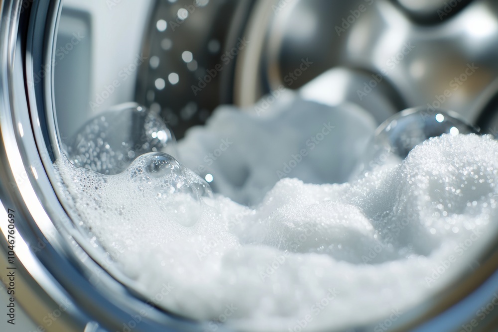 Poster the washing machine drum shows frothy bubbles and freshly washed white towels in the midst of a clea