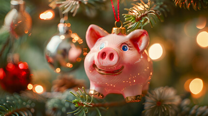 Piggy bank Christmas decoration hanging on a Christmas tree branch. Seasonal savings and costs