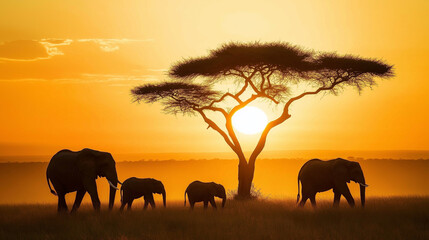 Fototapeta premium Herd of elephants walking across a sunlit savanna with a warm, golden glow.