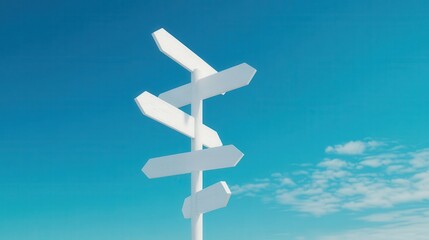 A minimalist directional signpost stands against a vibrant blue sky, symbolizing travel and exploration. Ideal for navigation and journey themes.