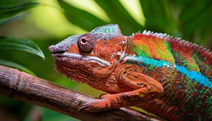 a colorful chameleon resting on a branch amidst lush tropical foliage