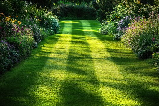 A lush green lawn with striped shadows. Perfect for representing a well-kept garden or outdoor space.