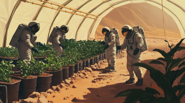 A group of astronauts working in a greenhouse on Mars, growing food for their long-term mission.
