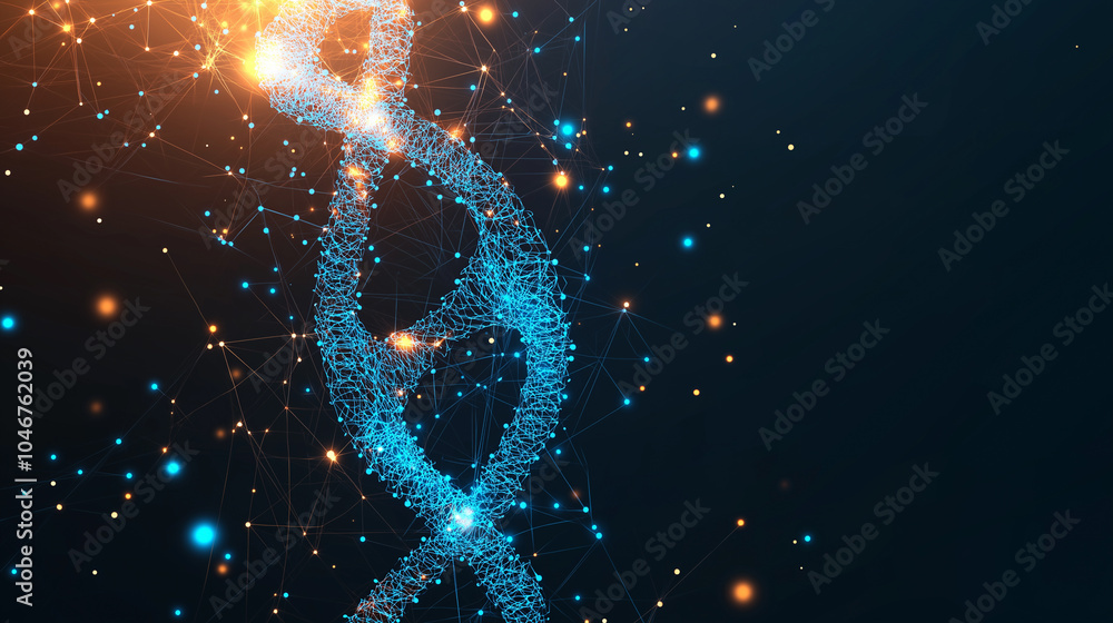 Poster glowing 3d dna double helix with particles surrounding it on a dark, futuristic background.