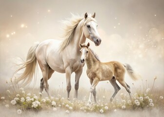 Obraz premium Surreal Photography of a Mare and Foal Isolated on White Background â€“ Enchanting Equine Bonding Moments Captured in a Dreamlike Scene