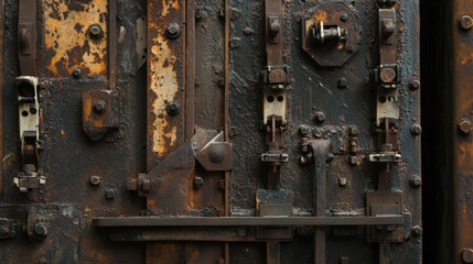Rusty Industrial Door: Close-up of an aged, textured metal door with intricate rusty details and bolts.  A grunge aesthetic perfect for industrial design, steampunk, or vintage projects. 