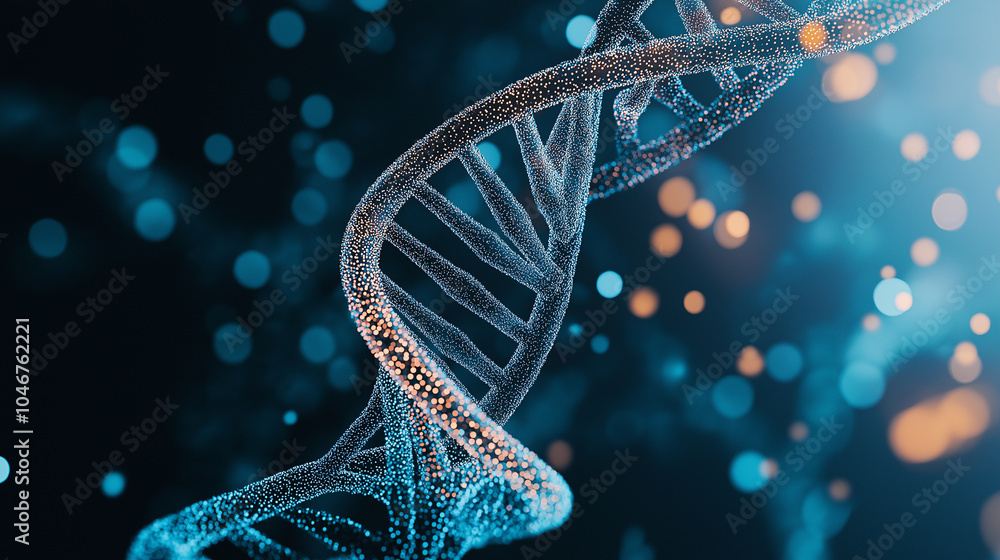 Poster glowing 3d dna double helix with particles surrounding it on a dark, futuristic background.