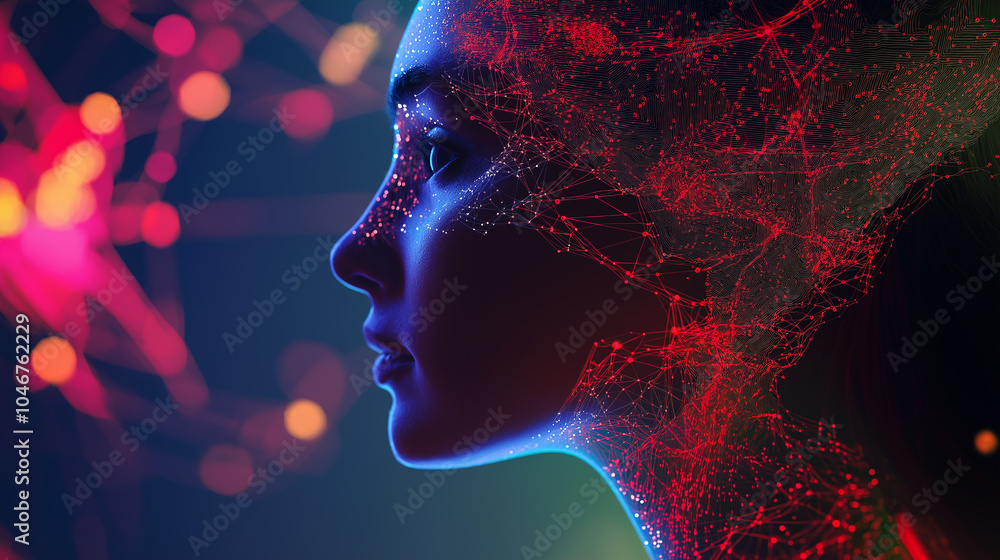 Poster woman’s profile with digital connections and data patterns, symbolizing artificial intelligence and 