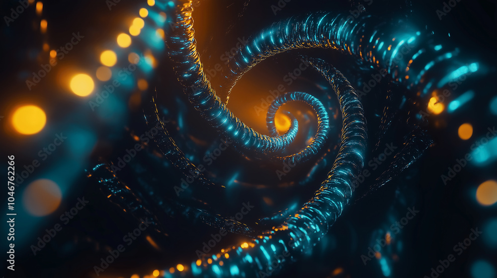 Aufkleber glowing 3d dna double helix with particles surrounding it on a dark, futuristic background.