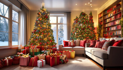 Obraz premium Sparkling Christmas decor features colorful gifts and festive lights surrounding a beautifu_1(789)
