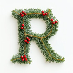 Christmas alphabet letter R made of fresh green fluffy branches and red berries. Clean background. Generative AI