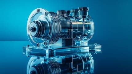 Crystal-clear mechanical device with intricate design in blue