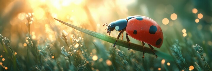 Ladybug on Grass, a vibrant ladybug traversing a fresh green blade of grass, showcasing nature's intricate details and colors.