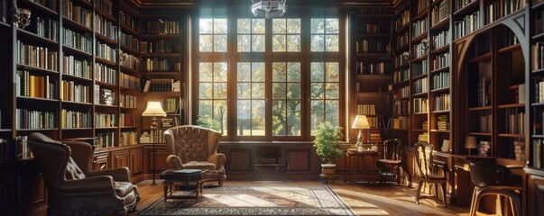 Cozy library with bookshelves and comfortable chairs, 4K hyperrealistic photo
