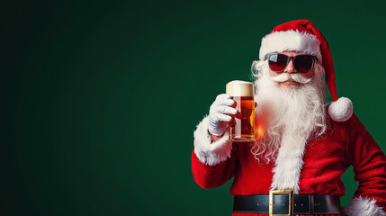 Trendy Santa Claus in sunglasses drinking beer. Sales banner, deep red and green colors, copy space. Generative AI